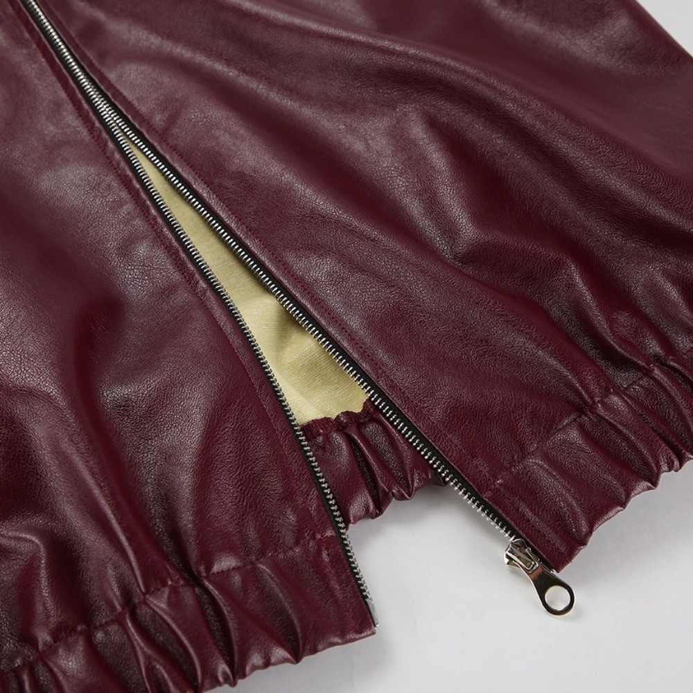 Motorcycle Gear Outfit - Vintage PU Deri Ceket Bordo Düz